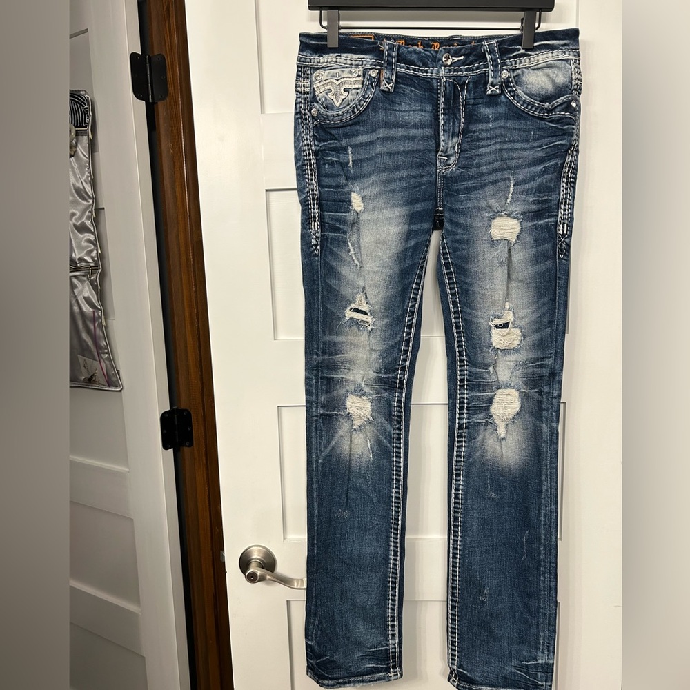 Rock Revival Barbra Mid-Rise Straight Blue Jeans with Distressed Details Size 29 - Picture 2 of 15
